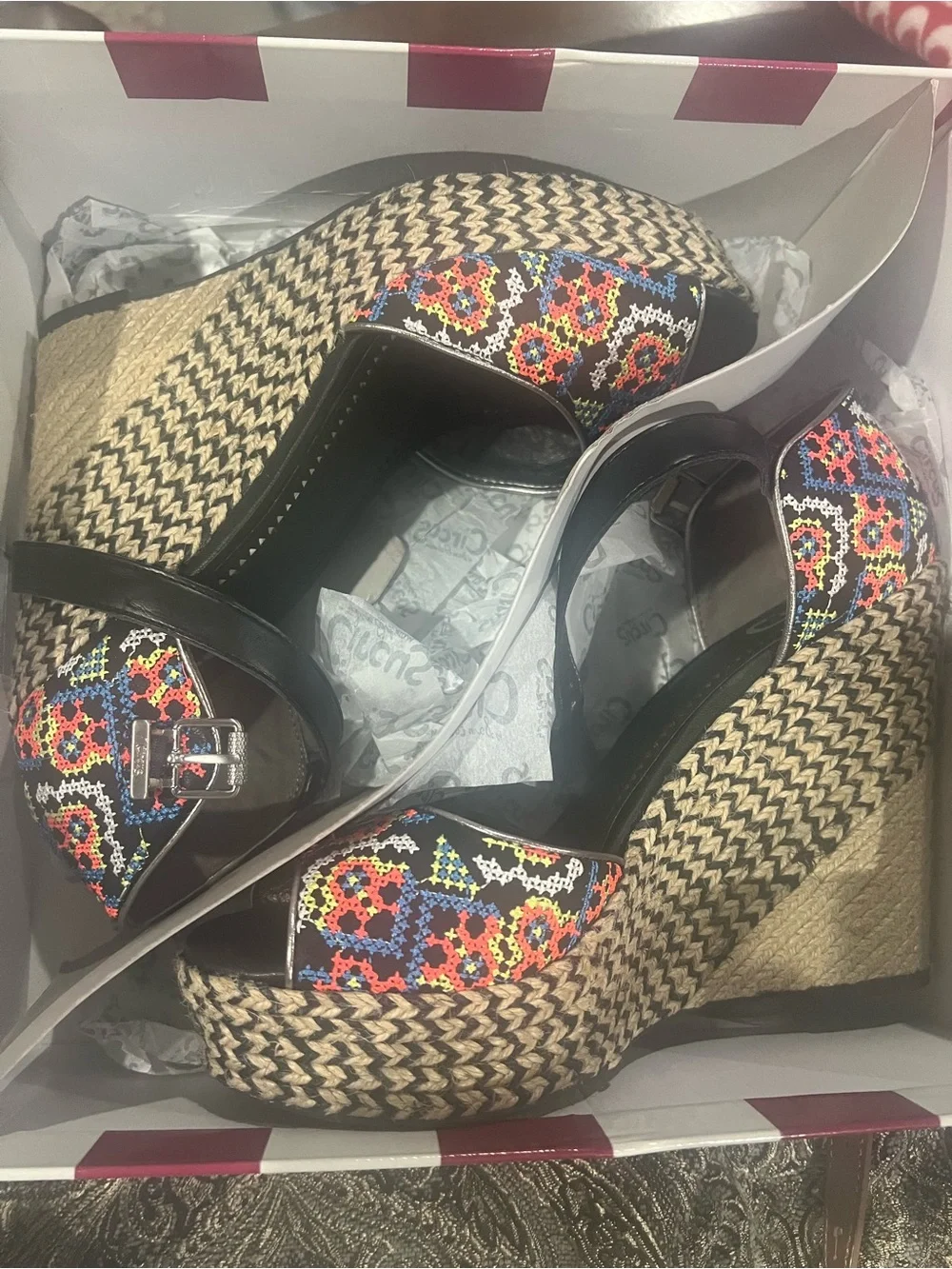 Circus by Sam Edelman Black Espadrille Wedges with Multicolor Embroidery